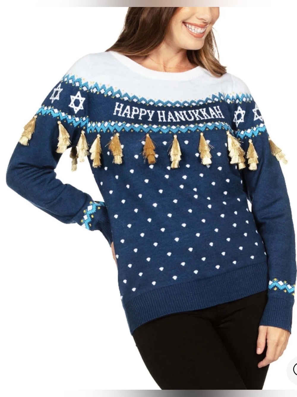 Tipsy Elves Happy HanukkahTassel Navy Crewneck Women’s Sweater Size Medium